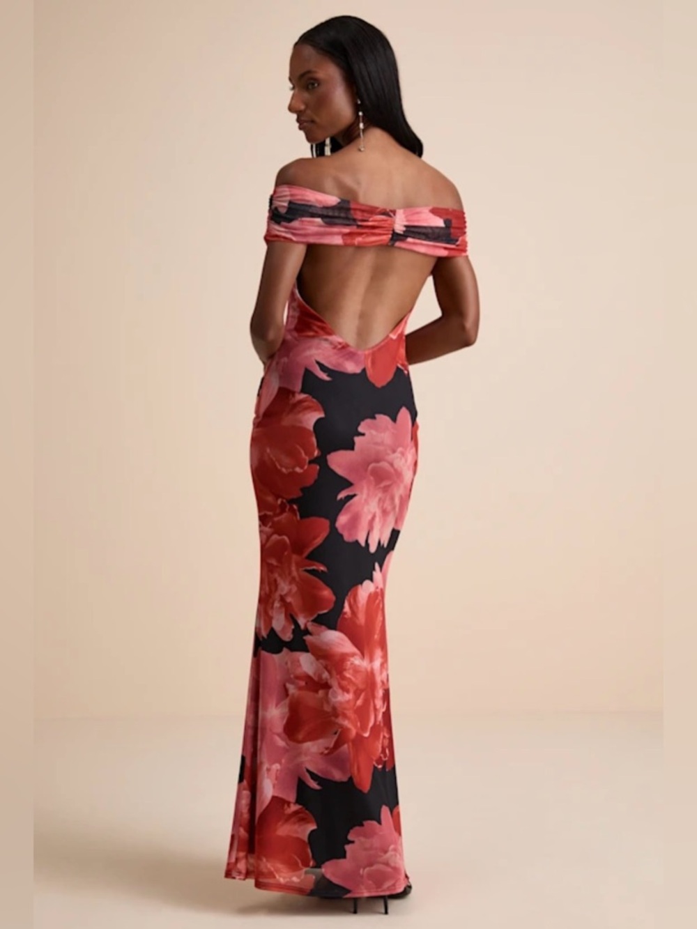 Lulus Dunia Black Floral Print Mesh Off-the-shoulder Maxi Dress - Size M - Picture 2 of 2